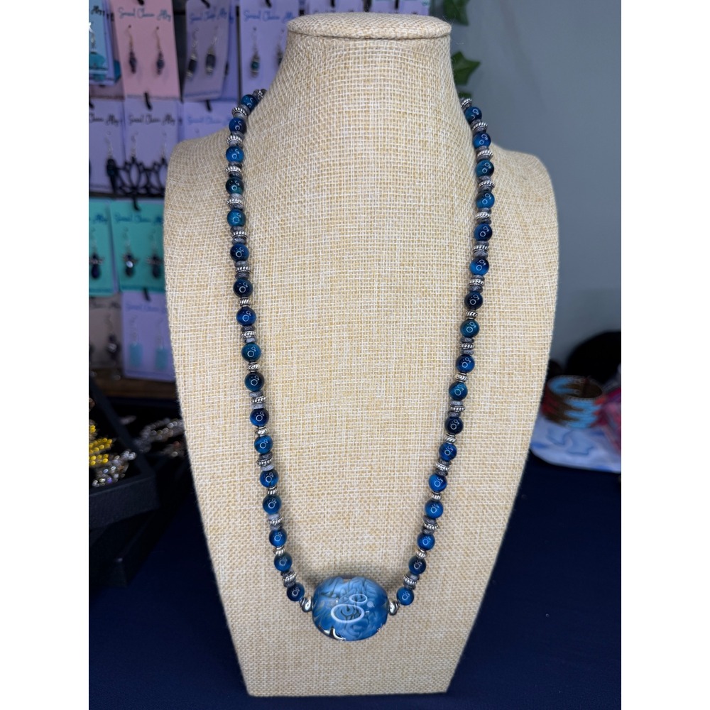 Blue Tiger Eye Beaded Necklace with Artisan Lampwork Glass Floral Focal Bead